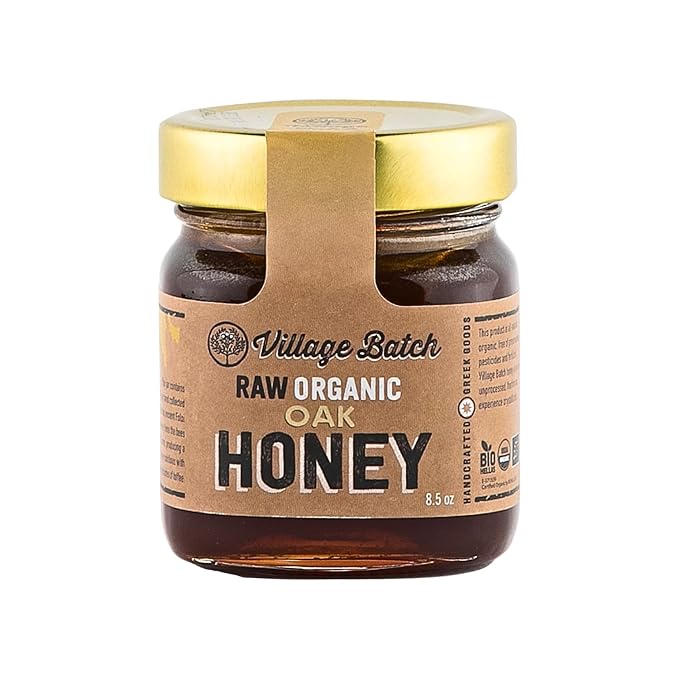 Village Batch Raw Organic Oak Honey 8.5oz Jar (Pack of 1) from Foloi Oak Forest Dark Amber Rich Caramel and Toffee Notes Unfiltered and Unpasteurized Greek-Honey