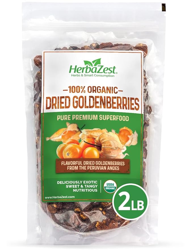 HerbaZest Goldenberries Dried Organic (32oz) – USDA Certified Organic – Vegan Non-GMO &amp Gluten Free – Deliciously Exotic Perfect for Snacks Baked Goods Yogurt Cereal &amp Smoothies