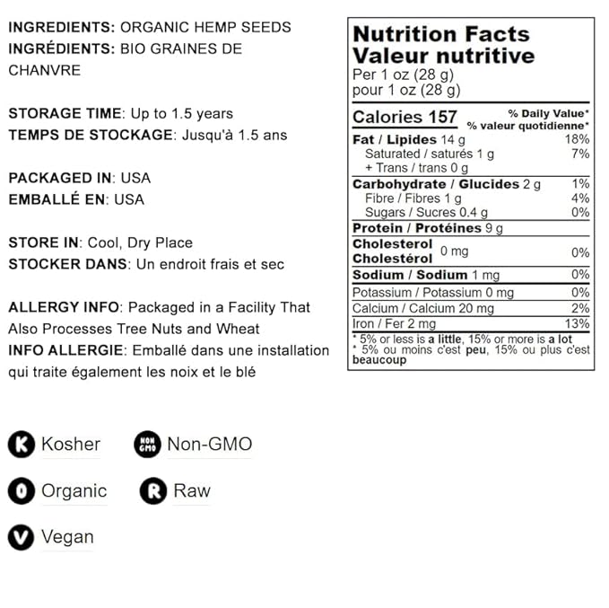 Food to Live Organic Hemp Seeds 18 Pounds – Non-GMO Raw Hearts Hulled Shelled Kosher Vegan Bulk Low Carb Low Sodium Good Source of Protein &amp Iron Great for Oatmeal Product of China