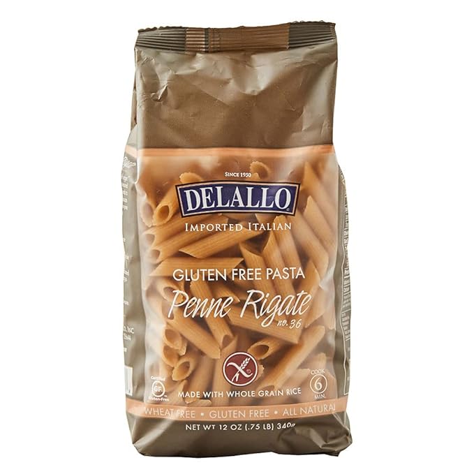 DeLallo Gluten Free Penne Pasta Non-GMO Made with Brown Rice Flour Made in Italy Whole Grain Kosher All Natural 12 oz Bag (12 Pack)