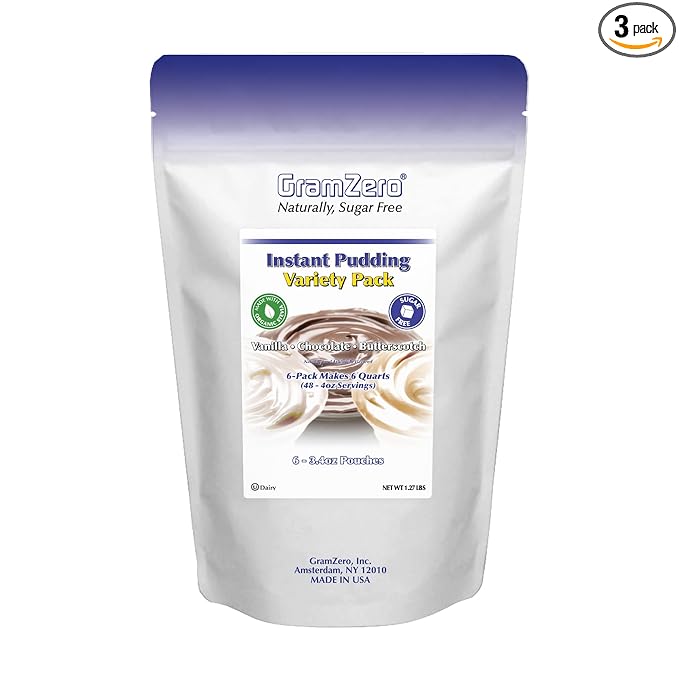 GramZero Variety (Vanilla Chocolate Butterscotch) Sugar Free Pudding Mix 6-Pack Great For Nutrition Club Meal Replacement Shakes Low Calorie Dessert Stevia Sweetened