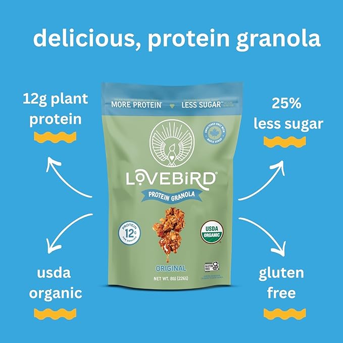 Lovebird Gluten Free Granola - Organic Protein Granola - 7 Real Ingredients - No Refined Sugar &amp Healthy Variety Mix for High Protein Cereal Gut Health USDA Organic - Variety 3 Pack
