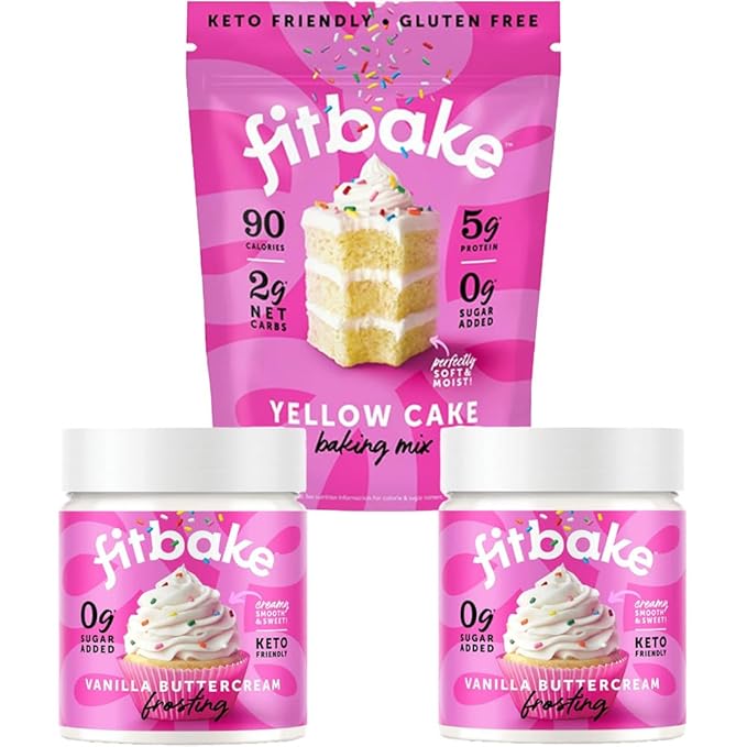 FitBake Yellow Cake Baking Mix and Vanilla Frosting | 0g to 2g Net Carbs Per Serving | Keto Friendly Low Carb Food | Naturally Sweetened Keto Snacks | Gluten Free Desserts | No Added Sugar