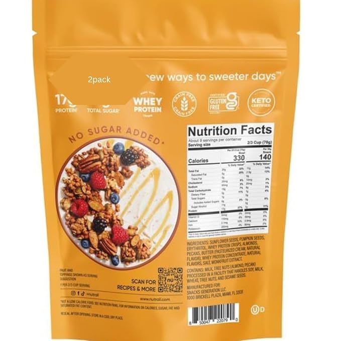 NuTrail! Honey Nut Protein Nut Granola No Sugar Added Low Carb Keto Friendly Gluten Free Granola Cereal High Protein Snack 22 oz Bag (Pack of 2)