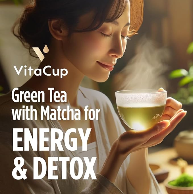 VitaCup Green Tea Pods Enhance Energy &amp Detox with Matcha Moringa B Vitamins D3 Keto Paleo Vegan Single Serve Pod Compatible with Keurig K-Cup Brewers32 Ct