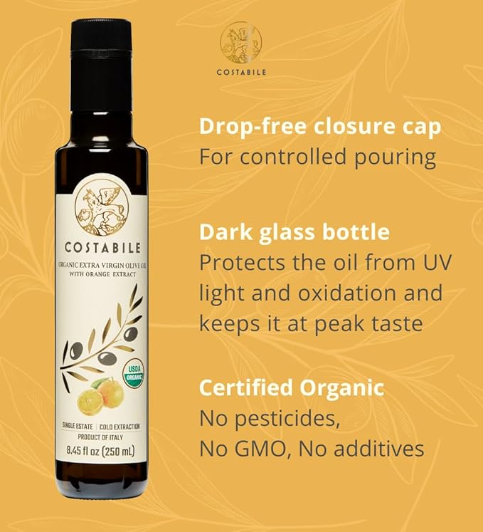 Costabile Orange Infused Olive Oil Extra Virgin Organic from Italy. Polyphenol rich olive oil flavored with natural Italian orange. For salads baking and cooking healthy keto friendly food 8.45Fl.Oz