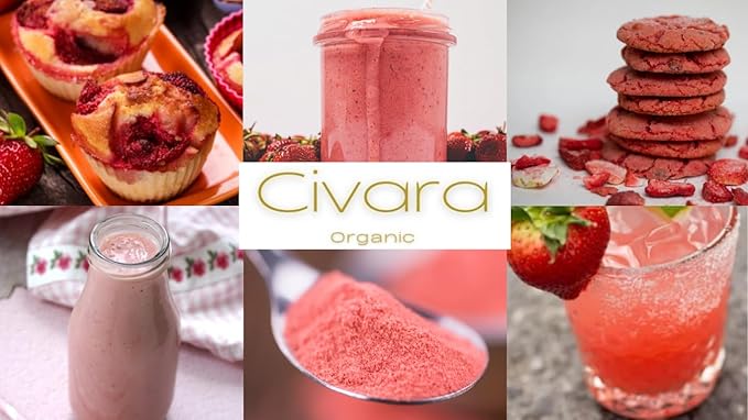 Civara Organic Strawberry Powder 6oz &amp 12oz | 100% Natural Fruit Powder | No Sugar &amp Additives | Great Flavor for Drinks Smoothie Beverages | USDA Organic | Vegan | Gluten Free (6 Ounces)