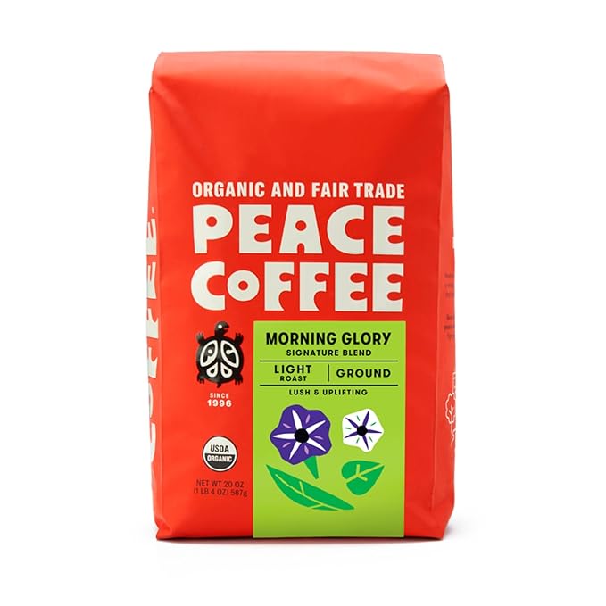 Peace Coffee Morning Glory Signature Blend | 20 oz Ground Light Roast | Organic Fair Trade | Smooth Mild Flavor | Shade Grown Fresh Roasted