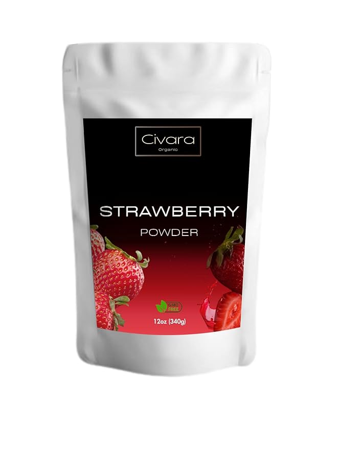 Civara Organic Strawberry Powder 6oz &amp 12oz | 100% Natural Fruit Powder | No Sugar &amp Additives | Great Flavor for Drinks Smoothie Beverages | USDA Organic | Vegan | Gluten Free (6 Ounces)