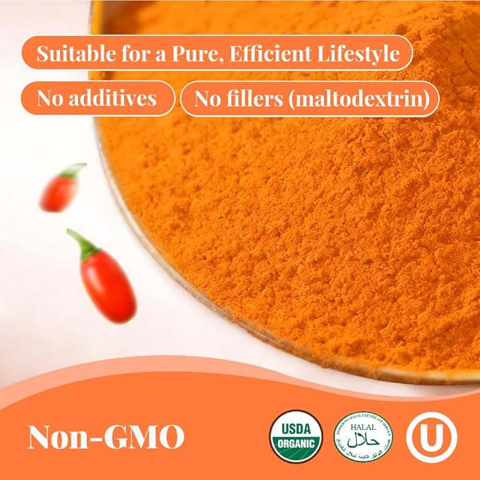Organic Goji Berry Powder 1lb -100% Freeze Dried Goji Berry Juice No added Sugar SuperFood - Supports liver health antioxidation - USDA Organic No additives Non-GMO Gluten free