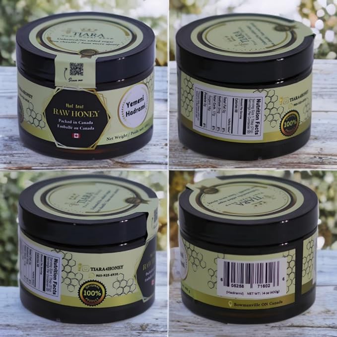 TIARA Yemeni Hadrami Honey – 100% Raw Pure &amp Natural CFIA Certified Unpasteurized Packed in Canada Premium Quality – 14 Fl Oz 400g + Free Honey Dipper Gift