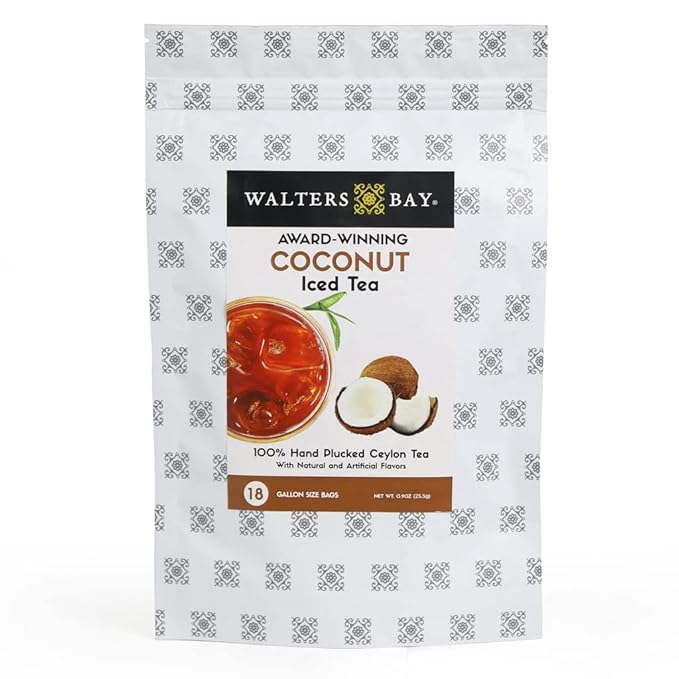 Walters Bay Coconut Iced Tea - 18 Count Gallon Sized Tea Bags Ceylon Black Tea 100% Hand Plucked Unsweetened Tropical Coconut Flavor Sri Lankan Tea