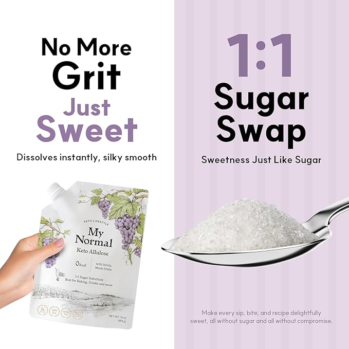 My Normal Keto Powdered Allulose 16oz - 99.8% Allulose Monk Fruit &amp Stevia Blend - 1:1 Sugar Substitute Non GMO Gluten Free Zero Calorie Sweetener - 0g Net Carb No Sugar (Pack of 2)