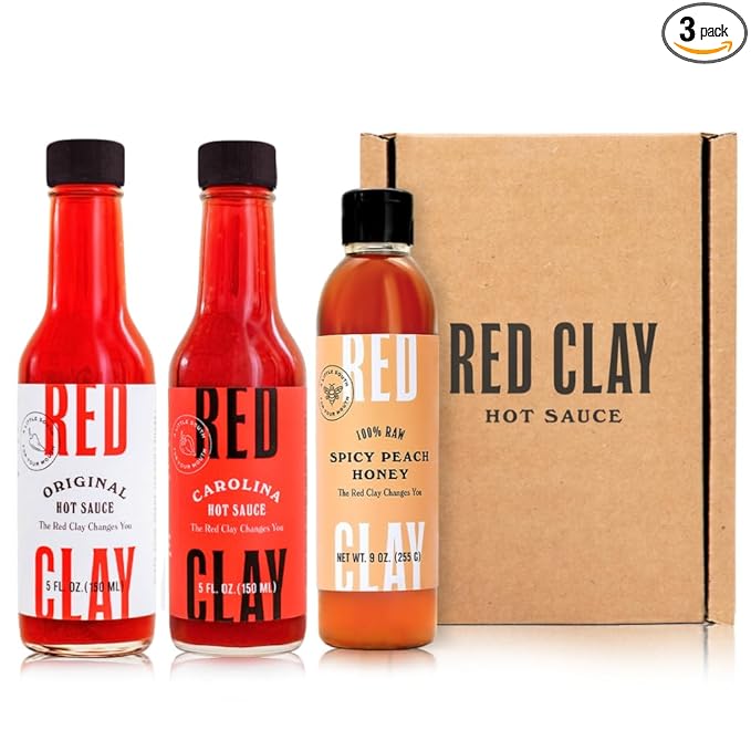Red Clay All-Star Variety Pack - Spicy Peach Hot Honey Original Hot Sauce &amp Carolina Hot Sauce - Gluten Free - Chef-Crafted - Ships in Red Clay Gift Box - 3pk