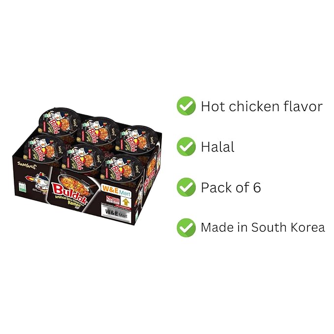 W&ampE Mart Ramen Buldak Hot Spicy Chicken Ramen Noodle Korean Stir-Fried Original Flavor Pack of 6 cups