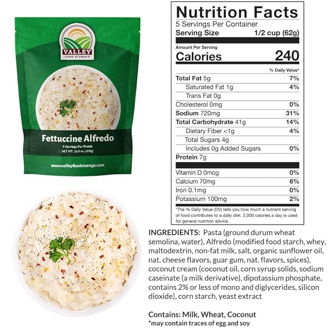 Valley Food Storage Fettuccine Alfredo | 10-Bag Bucket 50 Servings | Premium Emergency Food Supply 25 Year Shelf Life | Survival Meal Kits Prepper Food Camping &amp Long Term Food Storage | Packa