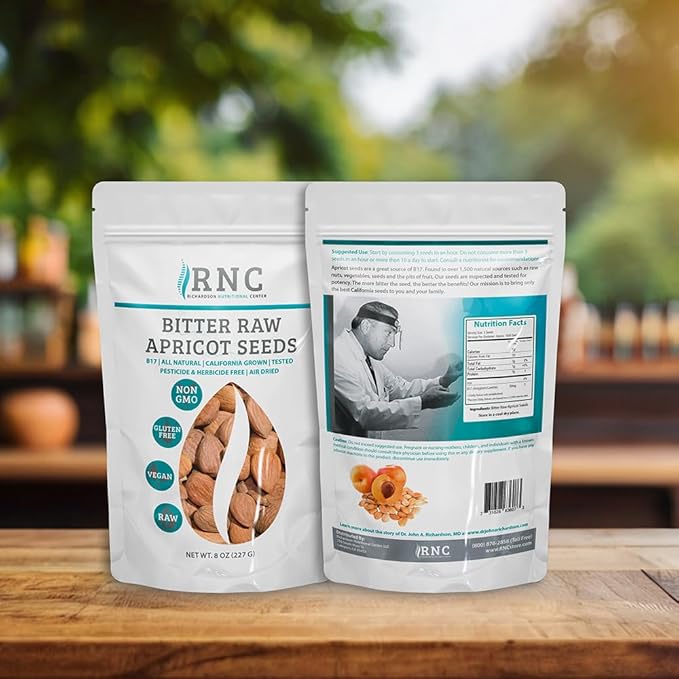 Richardson Nutritional Center Fresh Raw Bitter Apricot Seeds - California Grown Kernels with Amygdalin B Vitamins Minerals Protein - Lab Tested Vegan No Gluten or GMO - 8oz Bag