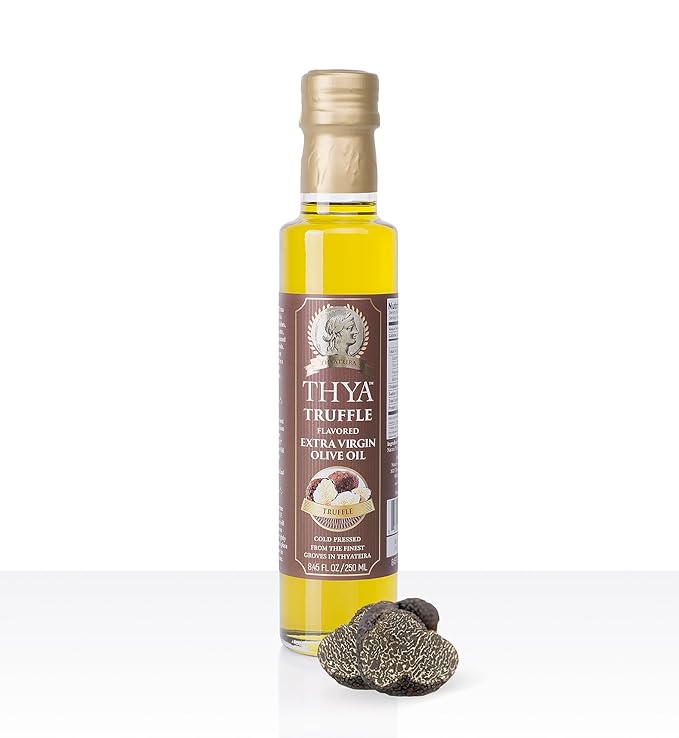 Thya Flavored Extra Virgin Olive Oil Variety Pack: Garlic Chili Pepper Truffle Basil | First Cold Pressed Olives | EVOO Value Pack | 4 Bottles of 8.45 Fl oz each | Total 33.8 Fl oz