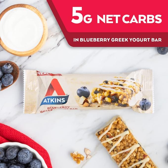 Atkins Blueberry Greek Yogurt Protein Meal Bar High Fiber 15g Protein 3g Sugar 5g Net Carbs Meal Replacement Keto Friendly 5 Count