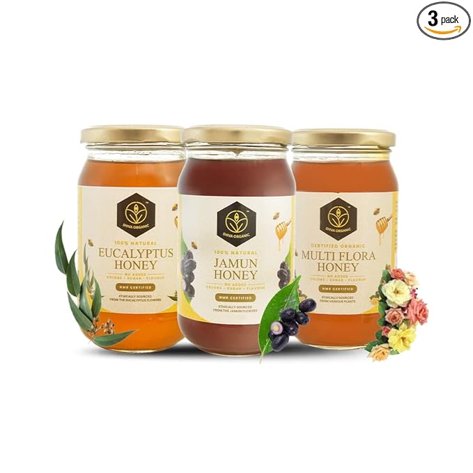 Shiva Organic Honey Combo - Eucalyptus Jamun Multi Flora - 250g Each | Diverse and Pure Honey Collection