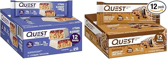 Quest Protein Bars Bundle: Blueberry Cobbler Hero Bar (16g Protein 12 Ct) and Dipped Chocolate Chip Cookie Dough Bar (12 Ct)