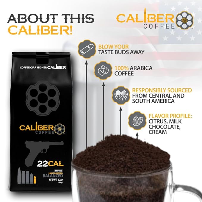 Caliber Coffee .22 Cal Whole Bean Light Roast – Balanced Fruity Caramel Flavors – 100% Artisan Roasted Arabica Coffee – Small-Batch Hand-Crafted – Veteran Owned – 12oz Bag