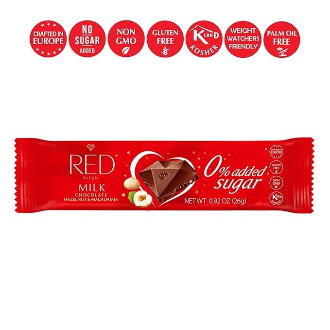 Red Delight Hazelnut and Macadamia Milk Chocolate Snack Bars - Pack of 24 Diamond-Shaped Milk Chocolates (22.08oz) with Rich Cocoa Flavor - European-Style Chocolates - No Added Sugar and Kosher
