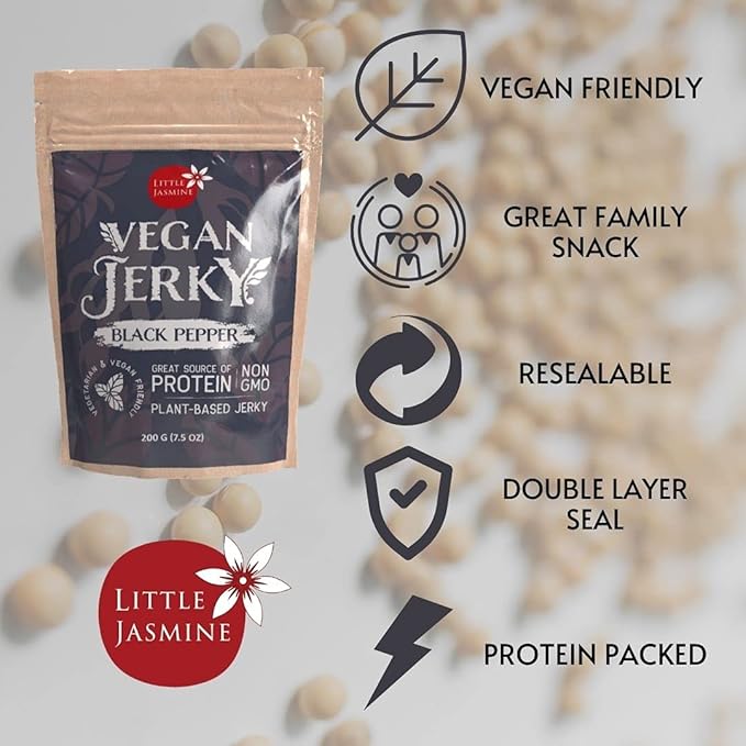 (2 PACK) Non-GMO Little Jasmine Vegan Jerky Black Pepper Flavor Plant Based Protein Clean Ingredients Made in Taiwan 7.5 oz