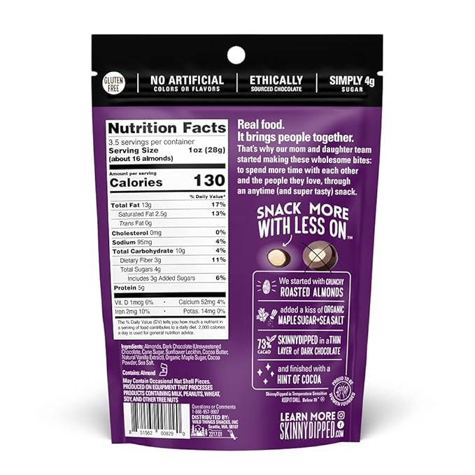 SkinnyDipped Super Dark Chocolate + Sea Salt Almonds Vegan Healthy Snack Plant Protein Gluten Free 3.5 oz Resealable Bags Pack of 10