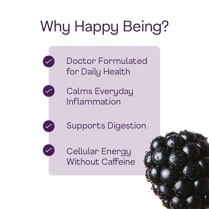 Happy Being Blackberry White Tea – Antioxidant &amp Polyphenol Rich Infused with Turmeric Elderberry Caffeine Free Plant-Based Low Sugar &amp Low Calorie Drinks 12oz (16 Pack)