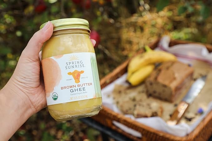 Spring Sunrise Organic Brown Ghee - Grass Fed Clarified Butter - Keto &amp Paleo Friendly Lactose &amp Gluten Free Cooking Oil with High Smoke Point - 16 oz Jar