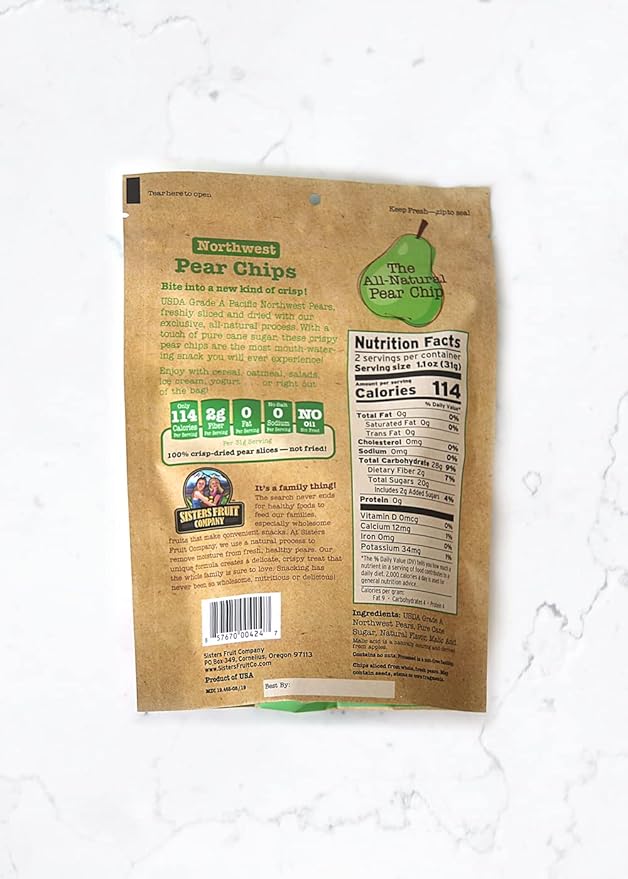 Sisters Fruit Company Northwest Pear Chips All-Natural No Preservatives Fat-Free (Contains SIX 2.25 OZ. Bags)