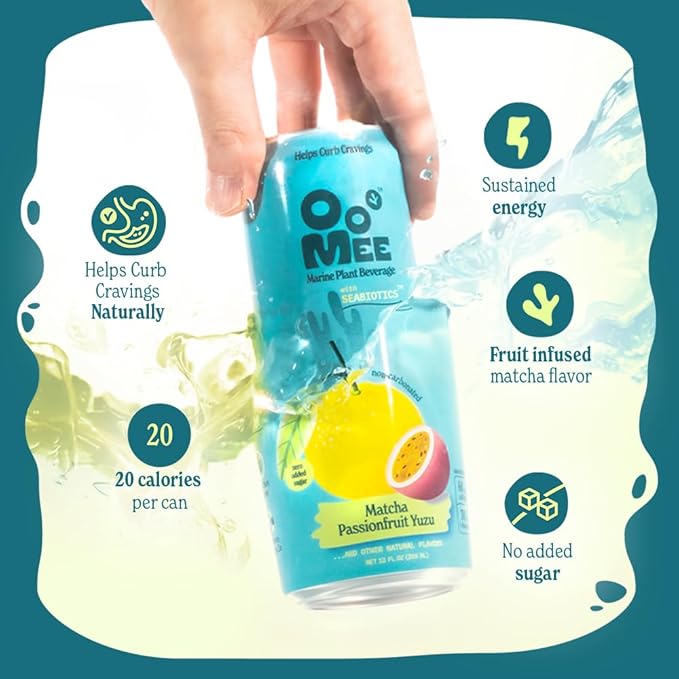OoMee Fruity Matcha Drink | Passionfruit &amp Yuzu | Fruit-Infused Plant-Based Vegan Beverage with Sustained Energy Natural Craving Support Low-Calorie Non-Carbonated Marine Plant Beverage – 12oz