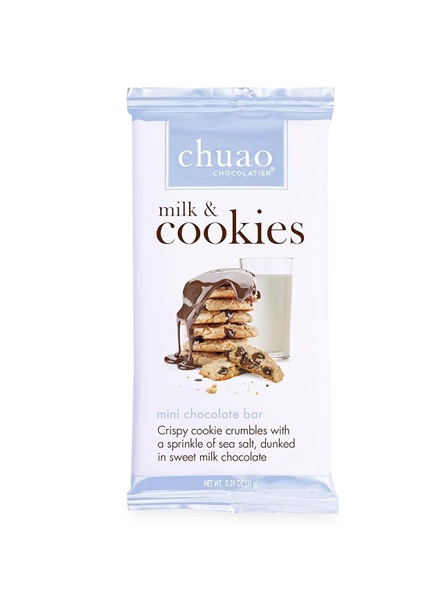 Chuao Chocolatier Milk &amp Cookies Chocolate Mini Bars | Gourmet No Preservatives | For Gift Baskets Gifts for Women Men Thank You Care Package Birthday | 24 Pack (0.39 oz each)
