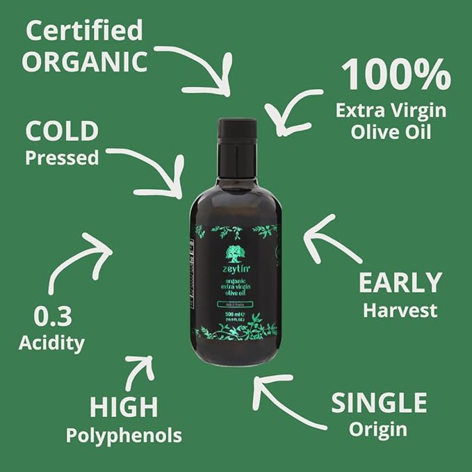 Zeytin Olive Oil Extra Virgin - GOLD MEDAL &amp Early Harvest - Fresh 2024 Harvest Bottled in May 2024 - New Luxury Packaging - Vegan Keto &amp Cold Pressed - Rich &amp Fruity (16.9fl oz - 1 Pack