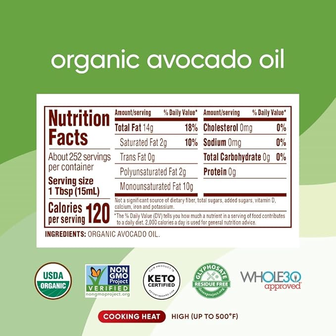 Nutiva Organic Steam-Refined Avocado Oil 100% Pure 1 Gallon USDA Organic Non-GMO Whole 30 Approved Keto Paleo High-Heat Oil with Neutral Flavor and Aroma for Cooking &amp Frying