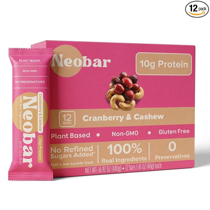 NEOBAR 10g Plant-Based Protein Fruit and Nut Bars - Vegan Snack Bars Gluten Free Dairy Free Snacks No Preservatives No Refined Sugars Added Non-GMO | Cranberry &amp Cashew 12 Count