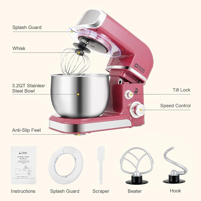 Kitchen in the box Stand Mixer3.2Qt Small Electric Food Mixer6 Speeds Portable Lightweight Kitchen Mixer for Daily Use with Egg WhiskDough HookFlat Beater (Purplish-red)