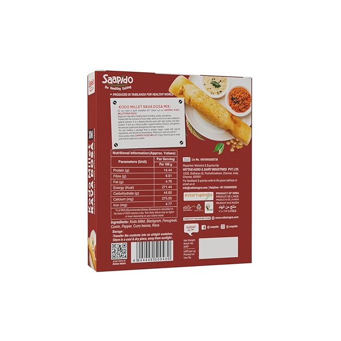 SAAPIDO Kodo Millet Dosa Mix Natural and Healthy Food Instant Millets Breakfast Mix- Rich in Protein &amp High Fiber (1.1 lbs)