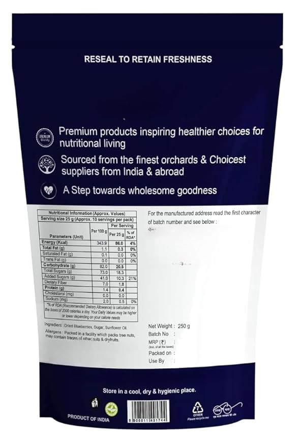 Generic Premium Blueberry Dried Blueberries with No added Refined Sugar| Vitamin Rich Berries Healthy Snacks Dried berries Ready to Eat Snack - 250 gm