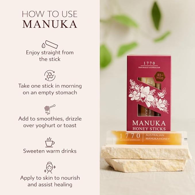 1770 Naturally Australian MGO 83+ Manuka Honey Sticks 30 x 15g Organic Honey for Tea Yogurt &amp Travel Snacks
