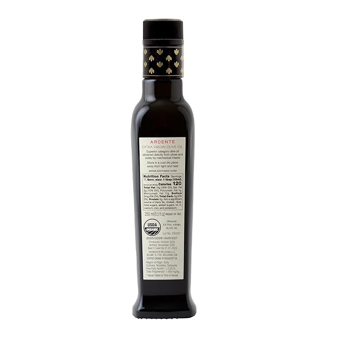 Entimio Ardente Organic Italian Extra Virgin Olive Oil from Italy 600+ mg/kg High in Polyphenols 2025 Gold Winner Sicily Early Harvest evoo Cold Extracted Lab Tested - 8.5 fl oz