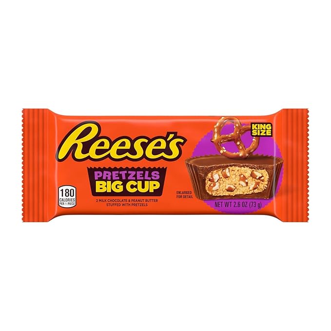 Big Cup with Pretzels Milk Chocolate King Size Peanut Butter Cups 16 Count 2.6 oz (32 Cups Total) Candy Packs Individually Wrapped Milk Chocolate Candy 16 Trays of 2 BIG Cups