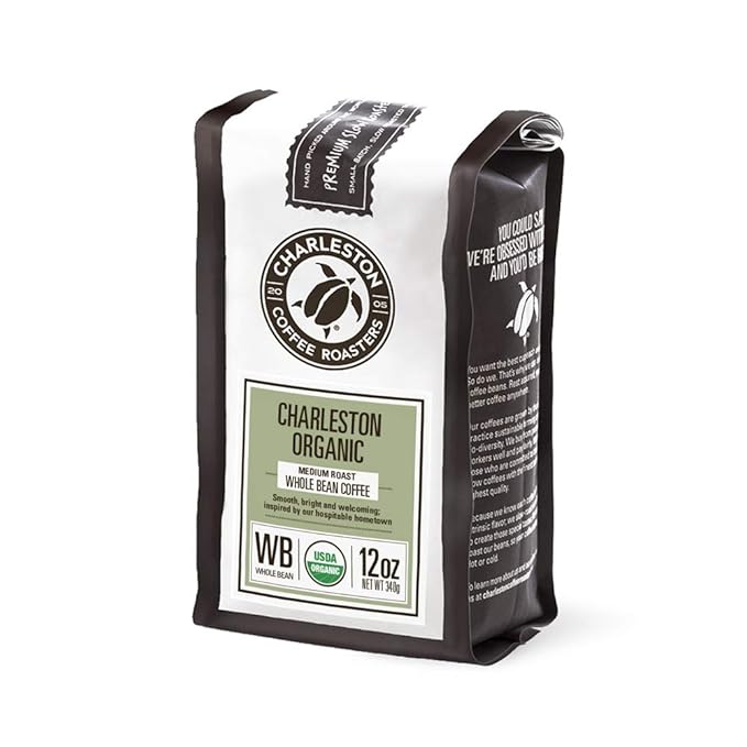 Charleston Coffee Roasters | Specialty Organic Whole Bean Coffee | Hand Picked Premium Slow Roast | (Charleston Organic Medium Roast) 12oz 6 Pack