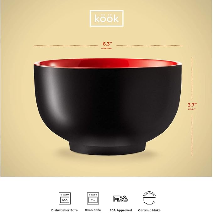 KooK Ramen Bowl Japanese Bowls Noodle Bowls Large Soup Bowl Ceramic Large Capacity For Ramen Pho Udon Soba Microwave and Dishwasher Safe 34 oz Set of 4 (Black/Red)