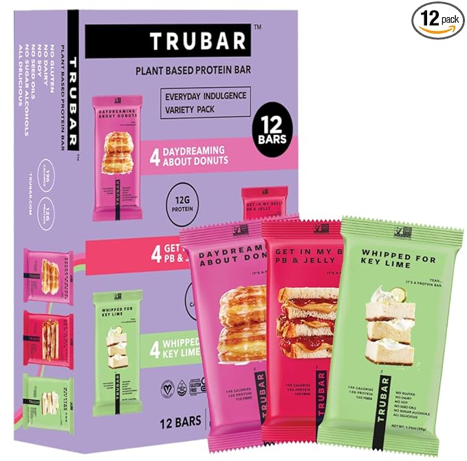TRUBAR Vegan Protein Bar Variety Pack Assorted Flavors Donuts PB &amp Jelly Key Lime Gluten Free Vegan Protein Snacks 12G Plant-Based Protein High Fiber Healthy Protein Bars 12 CT