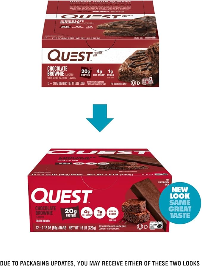 Quest Nutrition Chocolate Brownie Protein Bar 20g Protein 1g Sugar 4g Net Carb High Fiber Gluten Free Gluten Free 12 Count