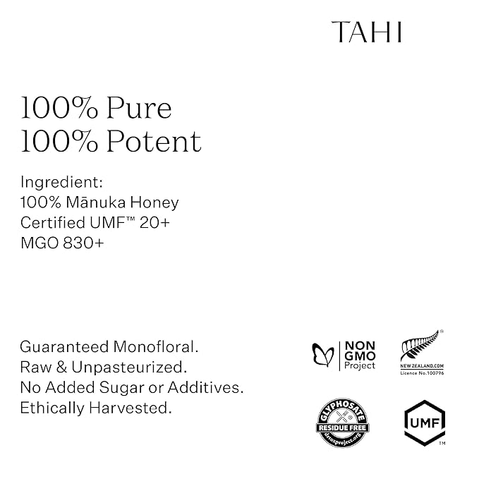 Tahi Raw Manuka Honey New Zealand UMF 20+ Certified (MGO 830+) - 100% Sustainable Monofloral and Natural Honey - Non-GMO Glyphosate-Free and Gluten-Free - New Zealand Manuka Pure Honey - 8.81oz