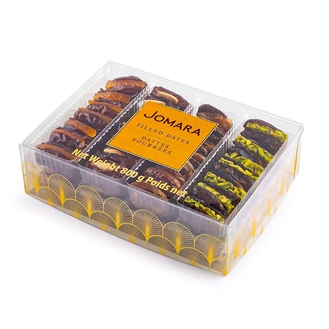Jomara Premium Filled Dates Mix Pack 4 Flavors | 28oz / 800g | Natural Dates filled with Orange Peel Caramelized Pecan Roasted Almond or Pistachio| Healthy Dried Fruit for Snacking | Natural Source