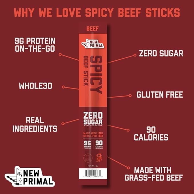 The New Primal Grass-Fed Spicy Beef Sticks Keto Gluten Free Healthy Snacks for Adults Sugar Free Low Carb High Protein Snack Paleo Whole30 Jerky Stick 9g Protein 20 Ct